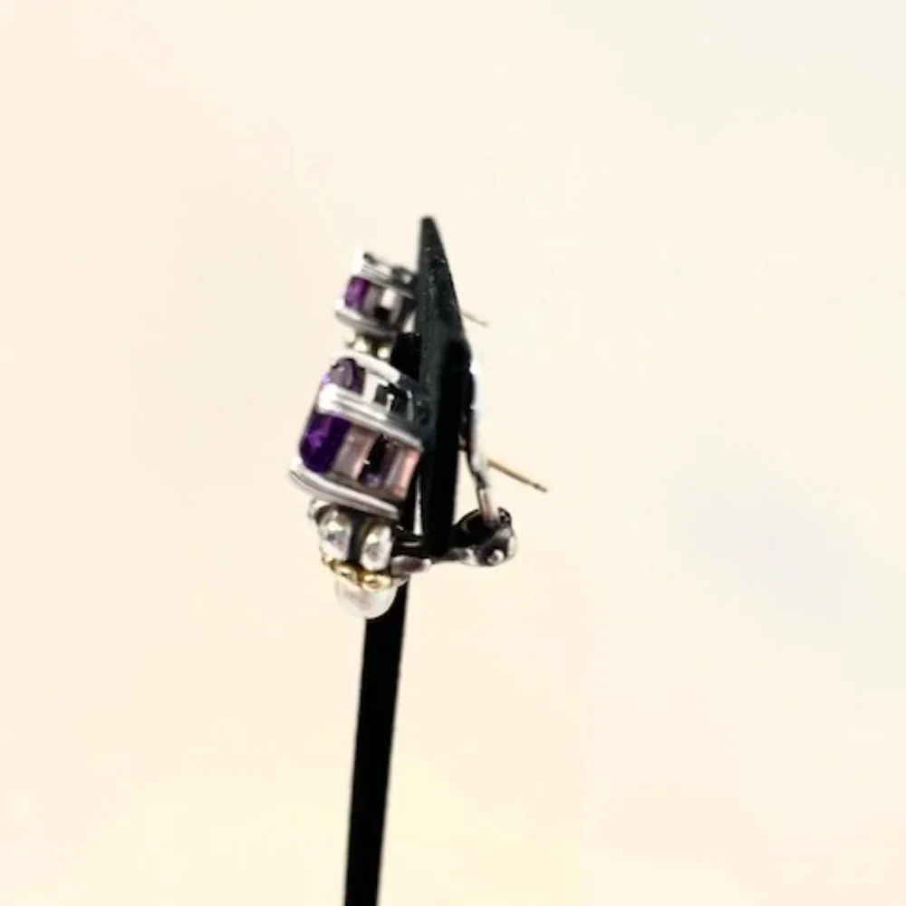 Lagos Caviar Amethyst & Pearl in 18k Yellow Gold & Sterling Silver Earrings - Picture 3 of 10